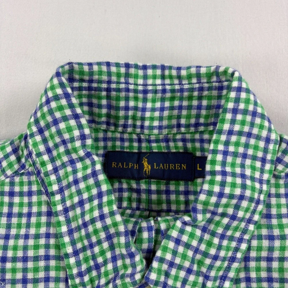 Polo Ralph Lauren Linen Shirt Mens Large Blue Green Plaid Button Up Camp Beach
